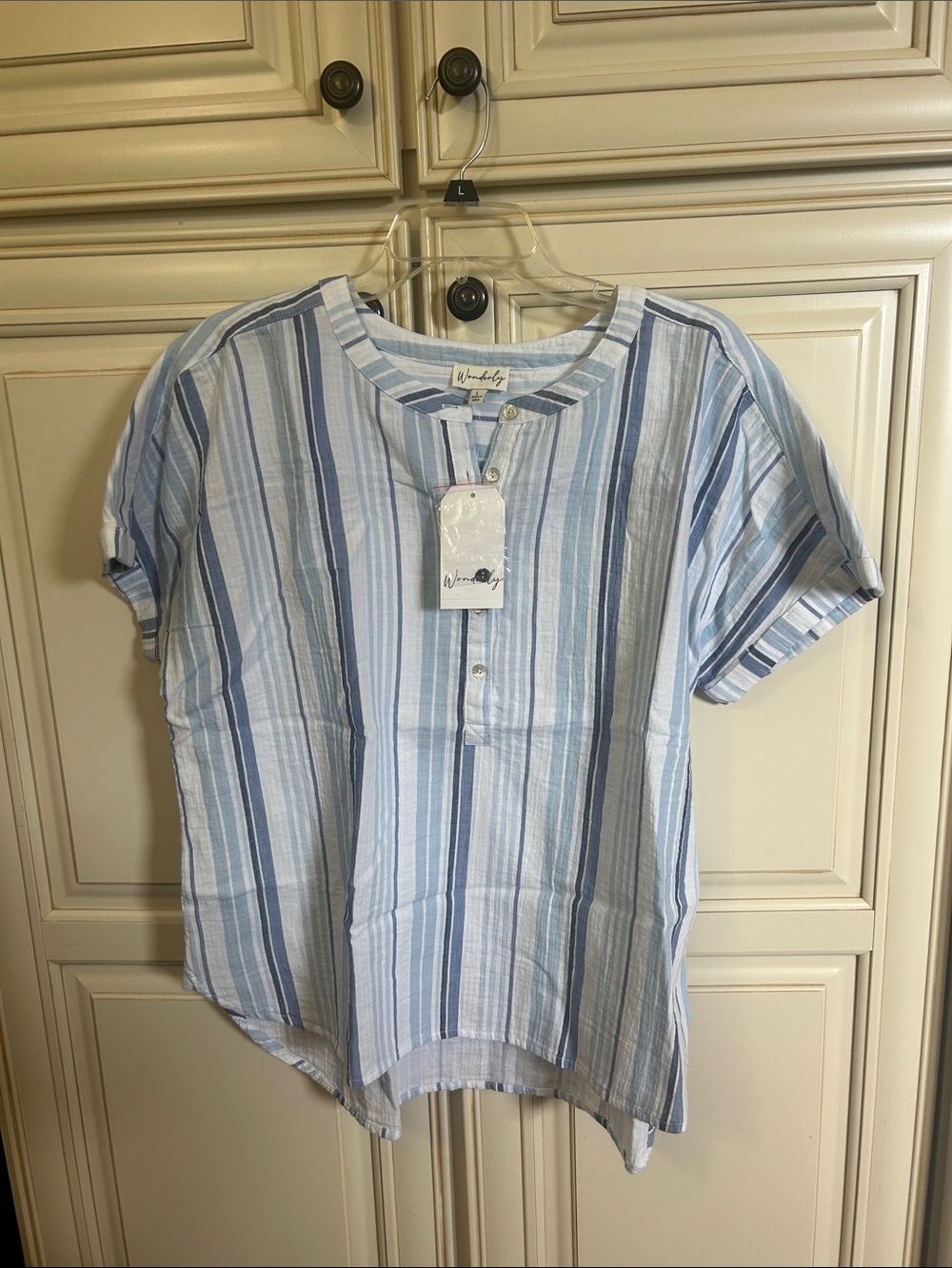 Wonderly Light Blue and Navy Striped Short-Sleeve Henley